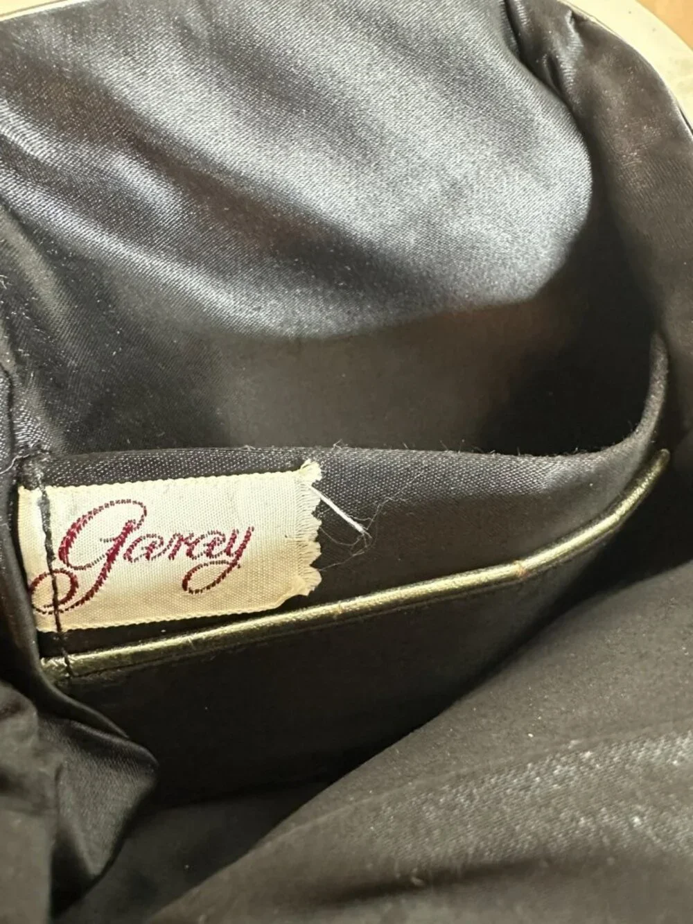 Vintage Garay Black Satin Evening Bag Kiss Lock Clutch Top Handle Cocktail Purse